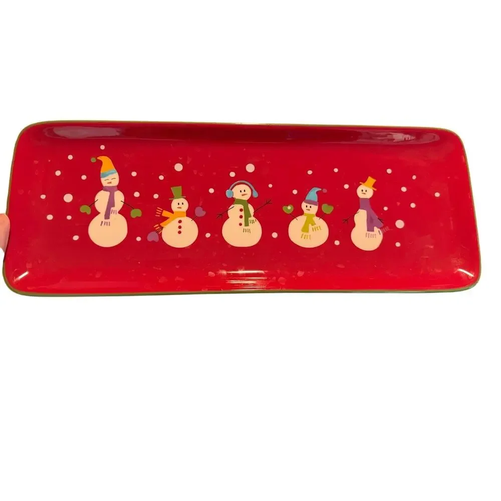 Pier 1 ceramic Christmas tray platter red festive holiday snowmen 18.5 x 7